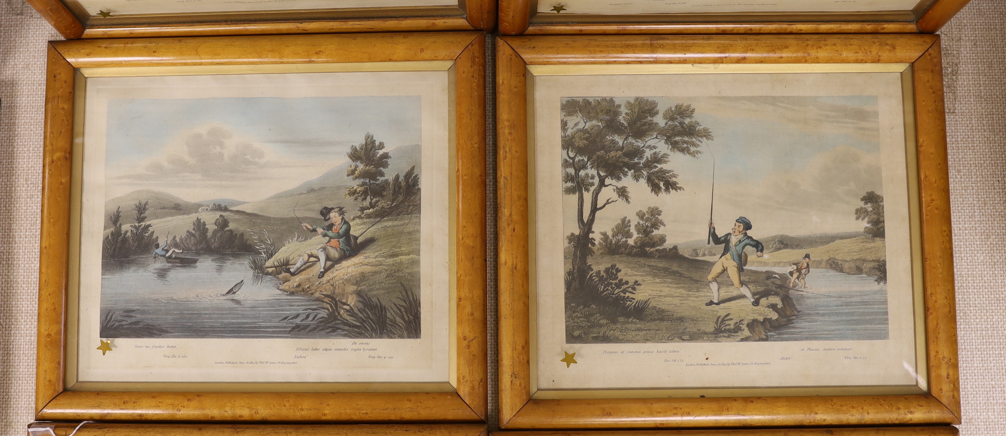 After Charles Turner (1773-1857) set of six 19th century coloured engravings, Delights of fishing, 27cm x 23cm, maple framed